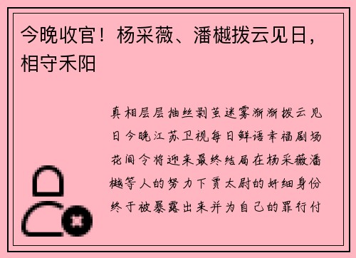 今晚收官！杨采薇、潘樾拨云见日，相守禾阳