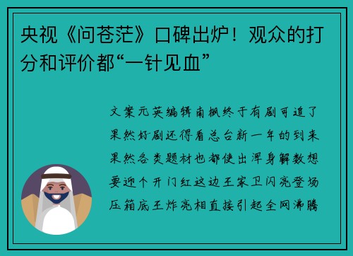 央视《问苍茫》口碑出炉！观众的打分和评价都“一针见血”