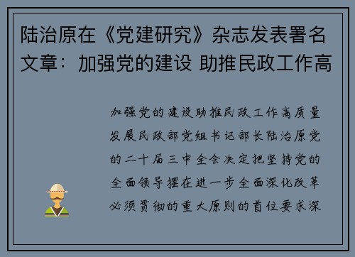 陆治原在《党建研究》杂志发表署名文章：加强党的建设 助推民政工作高质量发展