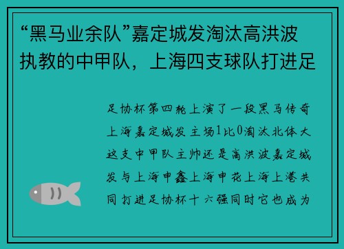 “黑马业余队”嘉定城发淘汰高洪波执教的中甲队，上海四支球队打进足协杯十六强！
